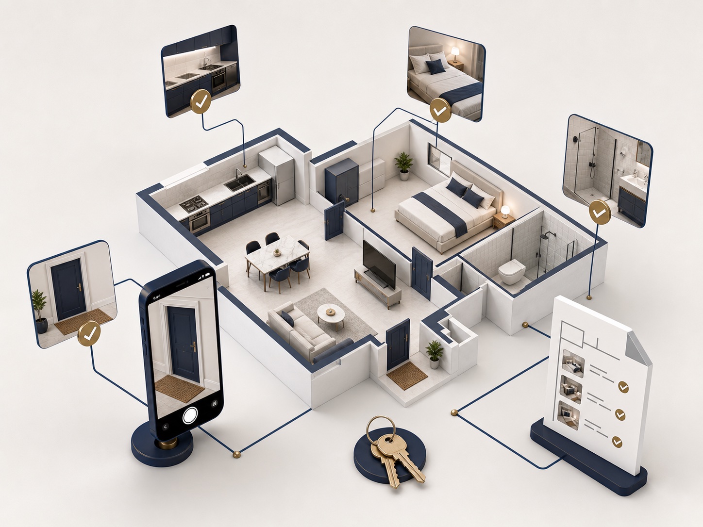 A floor-plan map linking every room photo into one shared, verifiable record